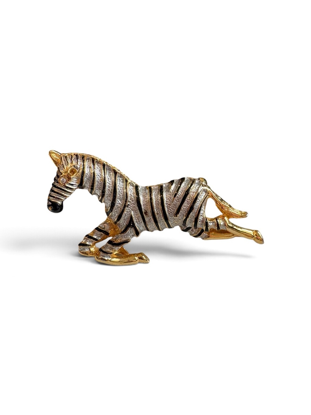 Vintage Style Zebra Brooch Gold Silver Tone Black Enamel Rhinestone Eye